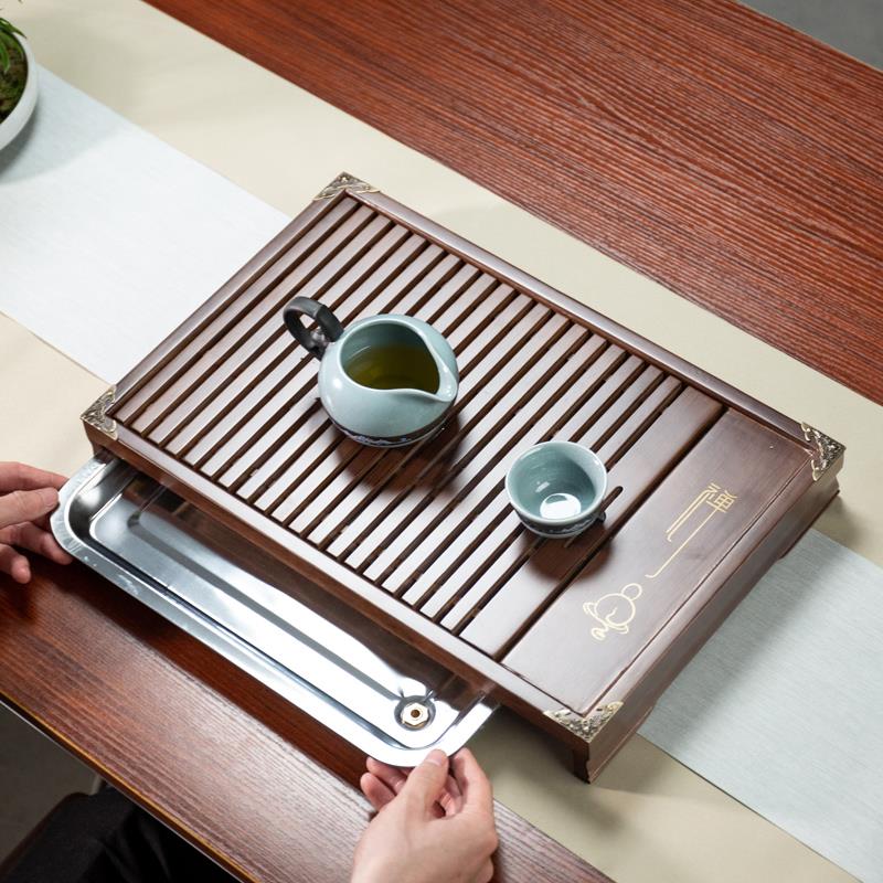 茶盘家用实木托盘储水排水两用不锈钢茶海抽屉式茶托茶台简约套装