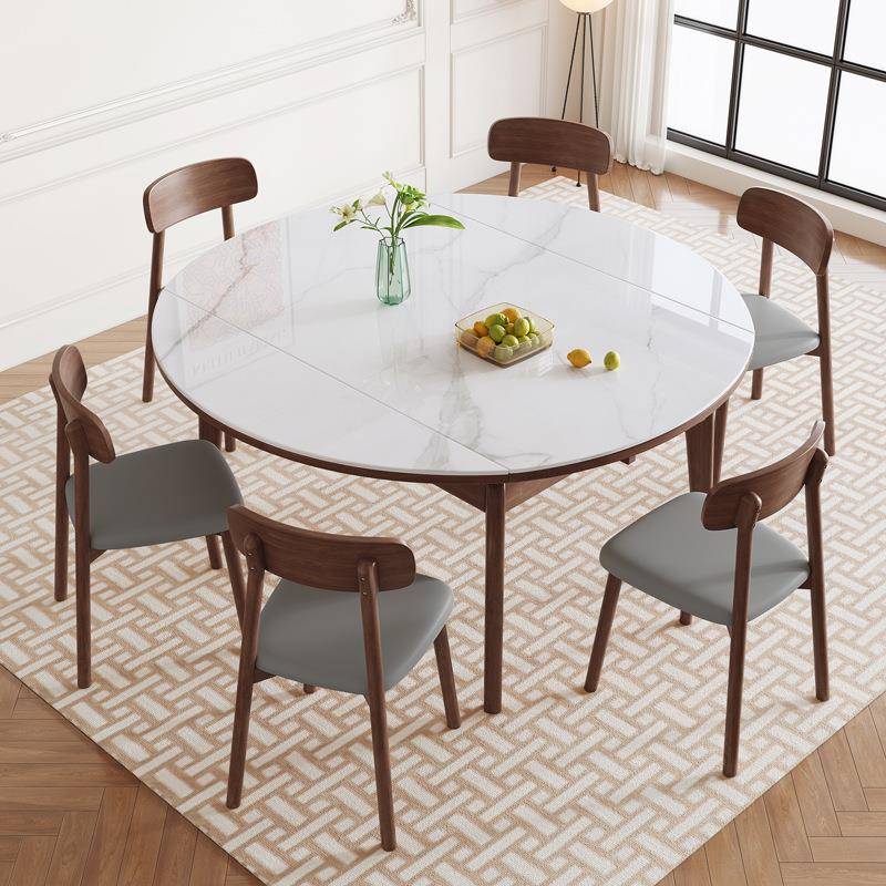 全实木北欧原木风岩板餐桌椅组合家用小户型折叠伸缩方桌变圆桌子