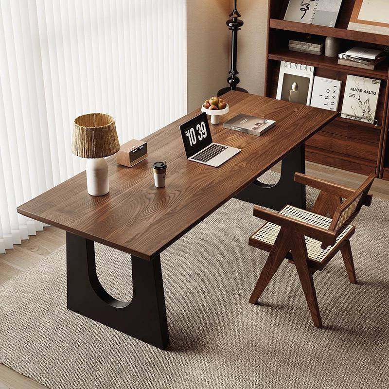北美黑胡桃木实木餐桌长方形原木客厅大长餐书桌一体工作台饭桌