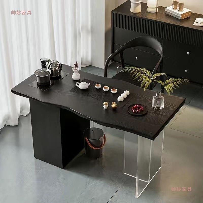 现代简约实木阳台茶桌椅组合小户型家用小茶台原木小茶几黑色茶桌