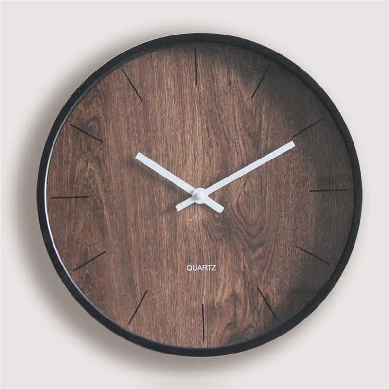 客厅挂钟装饰胡桃木纹挂表卧室欧式钟表静音无声圆形12寸时钟30cm