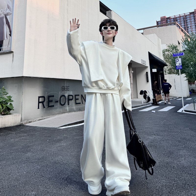 2024秋装小众网红可拆卸披肩连帽E卫衣套装男休闲设计感长裤两件