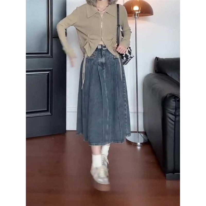 GUIER桂儿复古百褶牛仔半身裙女秋季新款高N腰遮跨气质拉链A字短