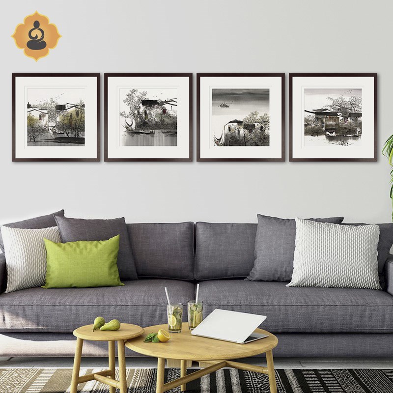 斗方江南水乡水墨风景国画客厅餐厅办公室内现代新中式装饰画挂画