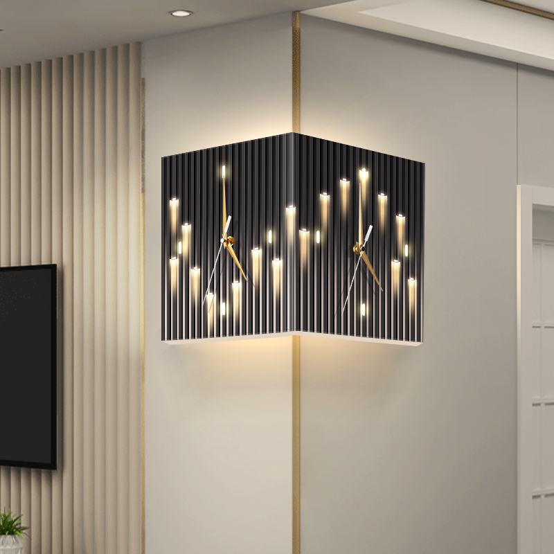 现代简约客厅转角挂钟极简风免打孔创意时钟壁灯挂墙双面拐角钟表