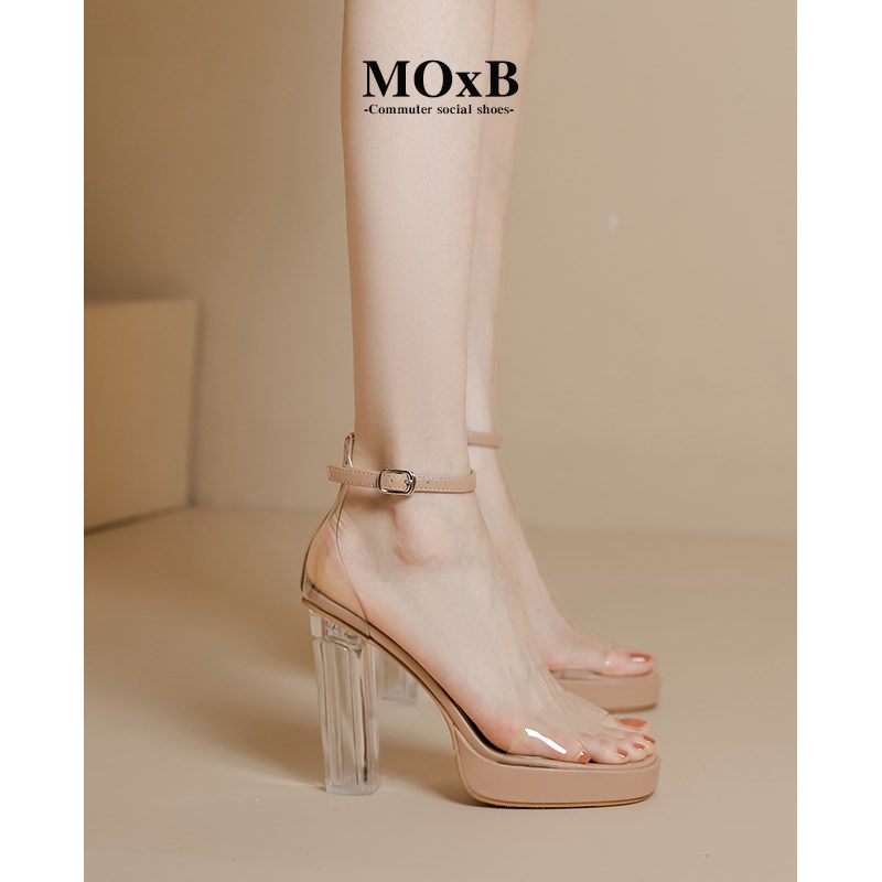 墨小北~c一字带凉鞋外穿夏季新款露趾方头仙女法式气质粗跟高跟鞋