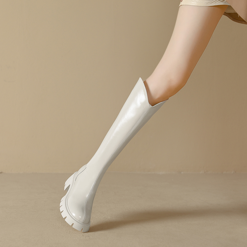 内增高9厘米白色真皮长筒s靴2023秋冬新款加绒小个子超高跟V口长