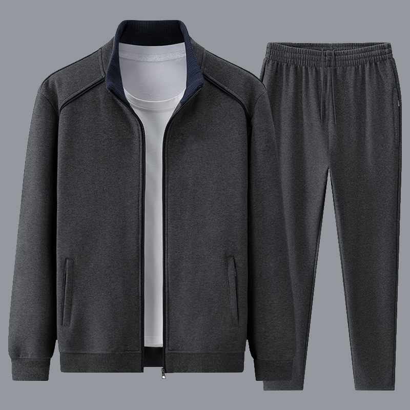纯棉运动套装男秋冬季加绒加厚立领开衫卫衣外套中老年休闲运动服