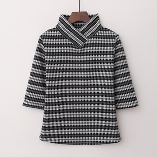 女士春秋装交叠汉服领中袖菱形格子DT恤打底衫修身外套上衣新款t