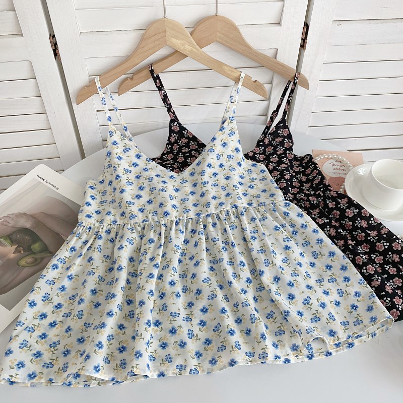 甜美百搭海边度假风碎花V领显瘦内搭外穿短款Q吊带背心上衣女夏季