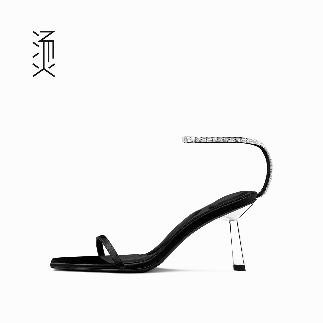 烫黑色方头一f字扣绑带细高跟镂空单鞋露趾后空时尚法式水钻女凉