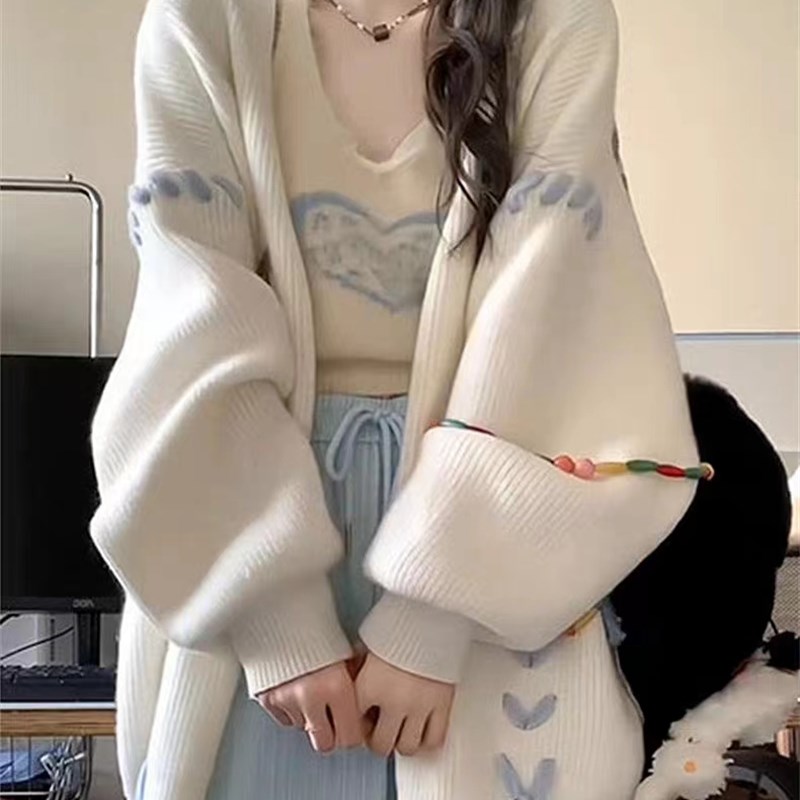 大码胖妹妹奶fufu慵懒风针织开衫毛衣外套女春秋T冬美式长袖上衣