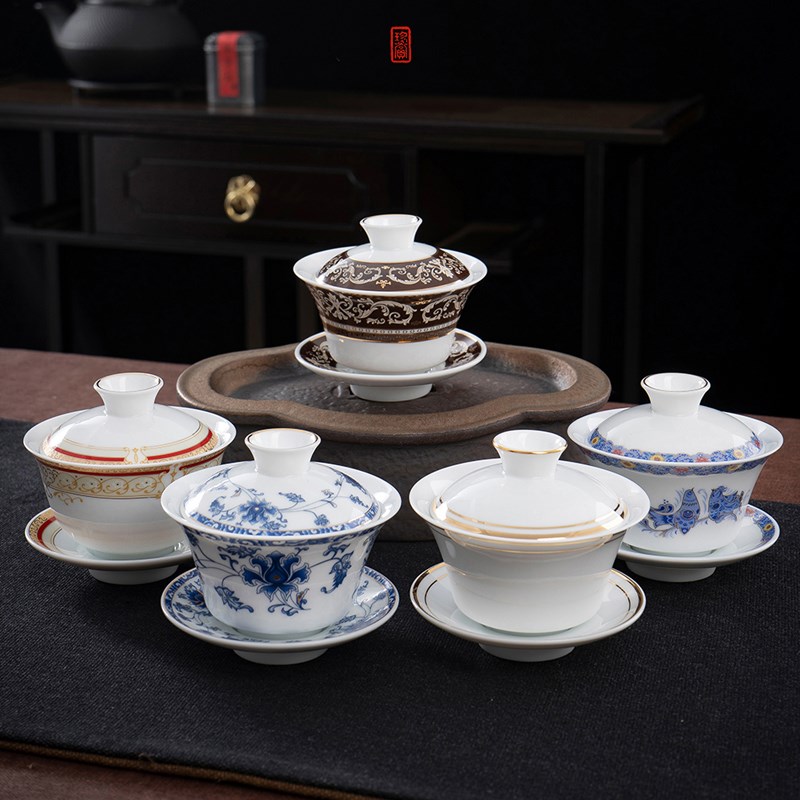 青花陶瓷盖碗f中式碗90毫升泡茶碗100ml茶备如意复古三杯盖凹