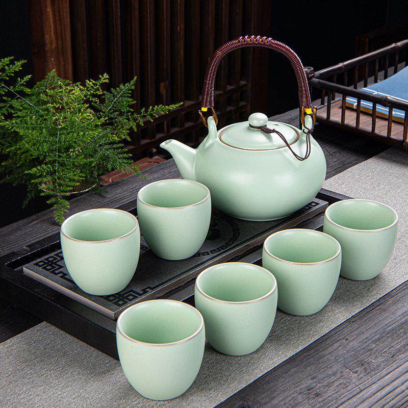 复古陶瓷功夫茶具套组汝窑哥窑大号提梁壶大容量家用办公茶壶单壶