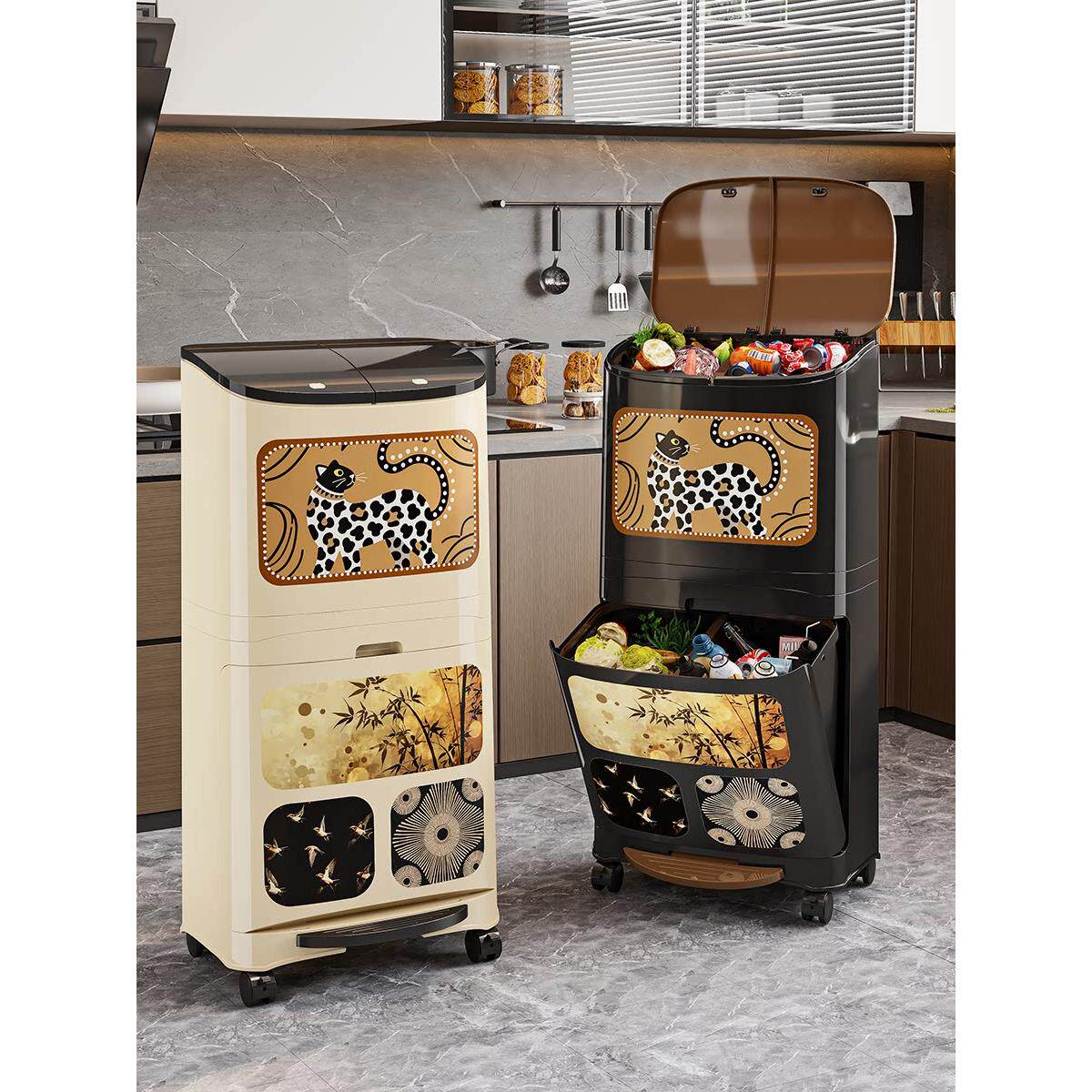 厨房垃圾桶家用带盖子2025新款大容量免弯腰双层厨余干湿分离分类