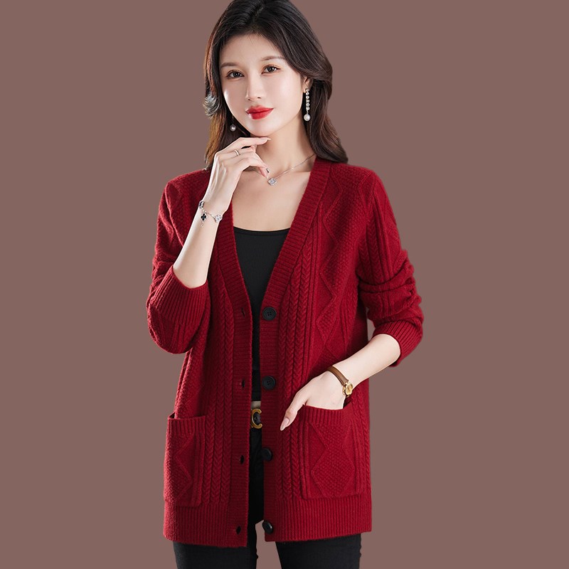 100纯羊毛衫女中长款针织开衫秋冬新款加厚妈妈大码宽松毛衣外套