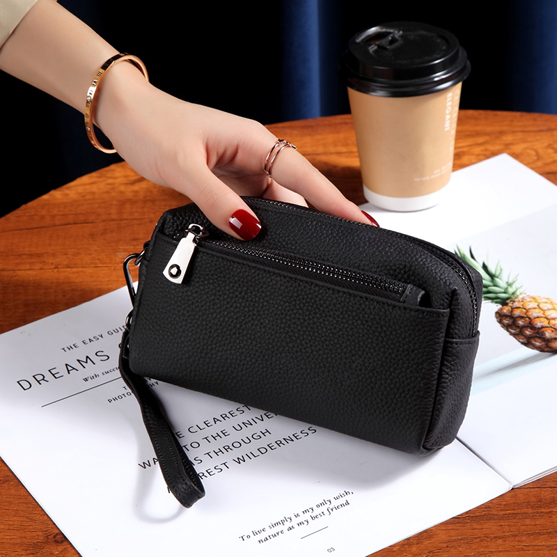 真皮三拉链大容量手拎零钱包女2023新款软牛皮小手包放手机手拿包