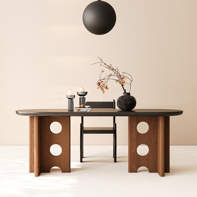 中古侘寂风实木餐桌法式复古饭桌家用小户型椭圆形原木白蜡木桌子