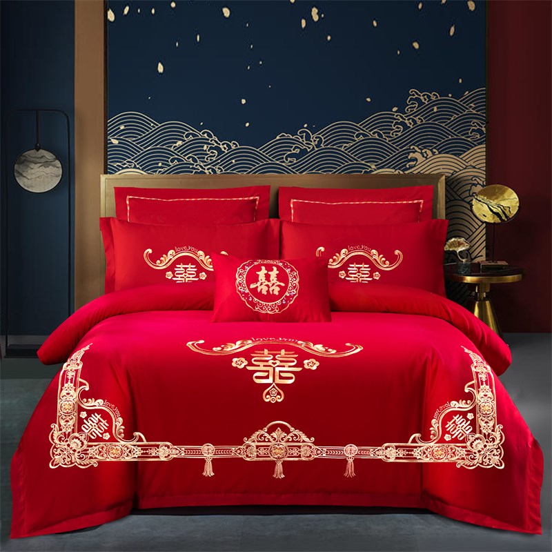 新婚庆四件套大红色全棉刺绣结婚房喜被套六八十件套纯棉床上用品