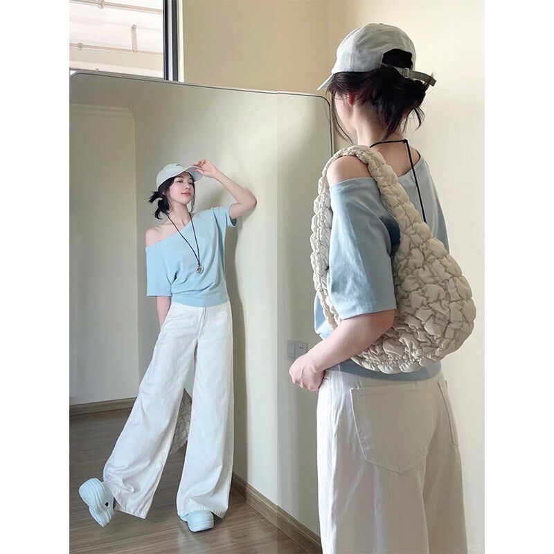 浅蓝色斜领露肩短袖t恤女夏季小个子韩版宽松百搭显瘦一字肩上衣