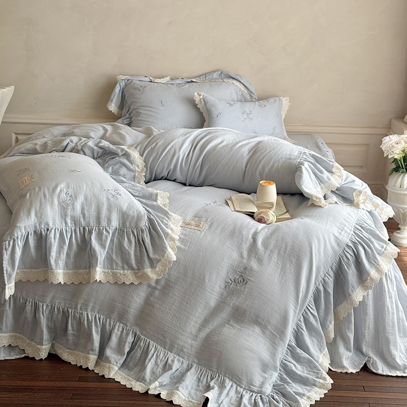 法式全棉双层皱皱纱刺绣四件套吸湿柔软纯棉公主风荷叶边被套床品