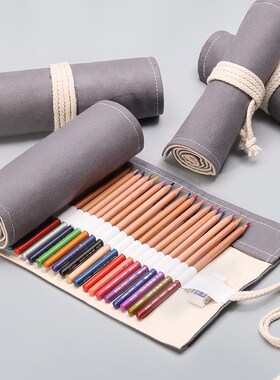 手工灰色帆布卷艺笔帘12 24 36 48 72孔大容量卷笔袋彩铅素描文具