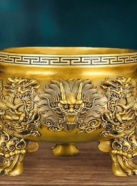 纯铜九龙双龙香炉摆件三足鼎家用供奉供佛公司焚香炉大小号装饰品