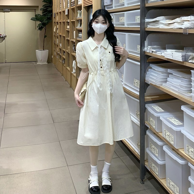 高中女生甜美学院风中长裙夏新款15岁初中学生洋气减龄翻领连衣裙