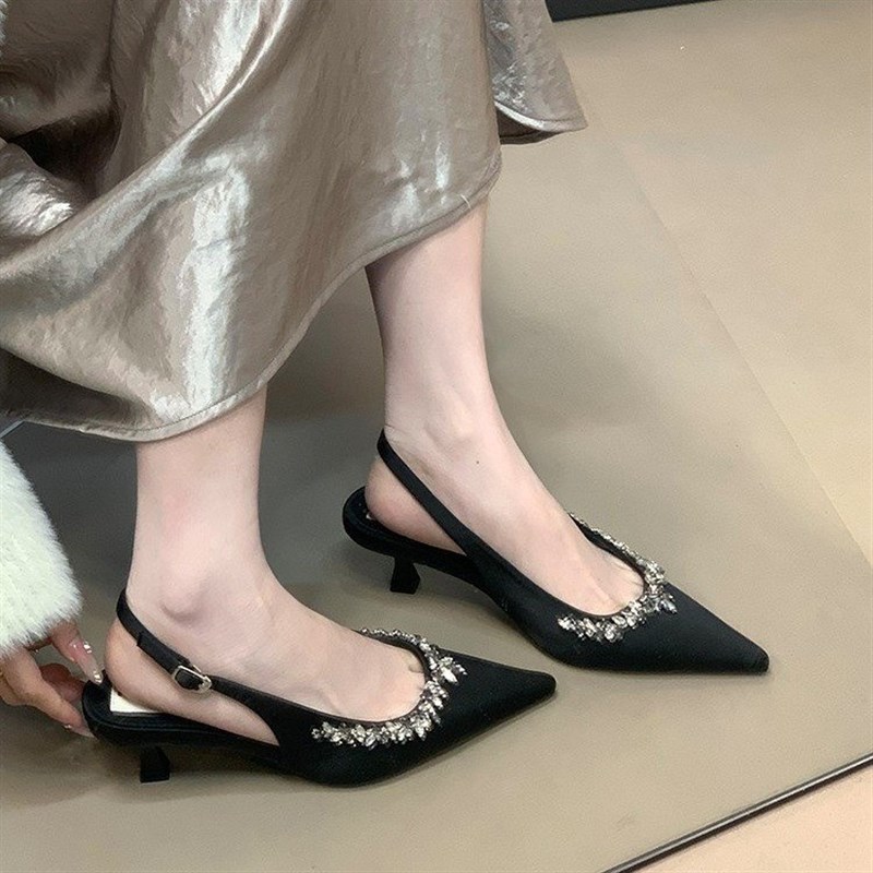 法式小众尖头高跟鞋杏色水钻包头凉鞋仙女鞋子2025春夏季气质单鞋