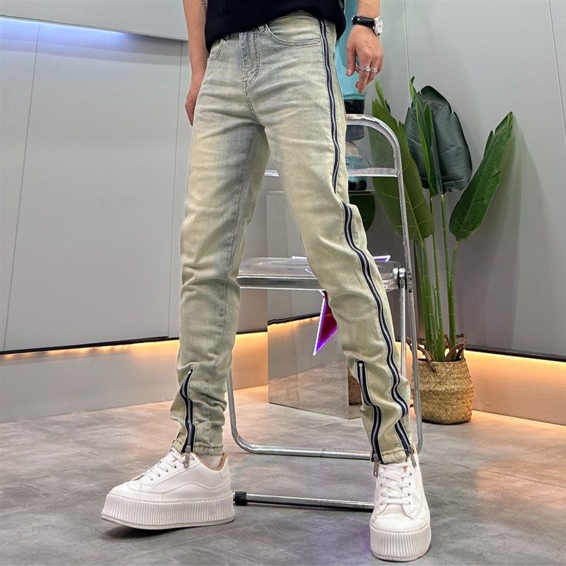 重磅美式侧拉链设计牛仔裤男夏季薄款个性百搭修身水洗直筒九分裤,男装,牛仔裤,淘宝优惠券,粉丝福利购,淘宝优惠卷