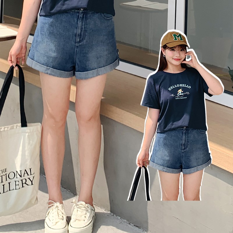 大码女装200斤胖mm春夏高腰显瘦热裤宽松休闲松紧腰牛仔短裤32196