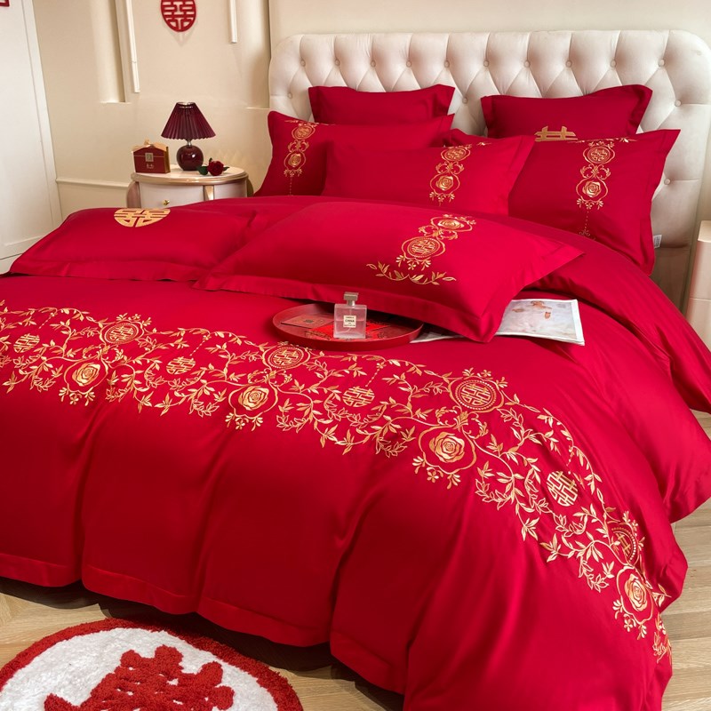 高档红色结婚被子喜被四件套婚庆纯棉全棉被套床单新婚房床上用品