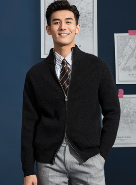 秋季黑色半高领针织开衫外套男韩版修身商务休闲长袖毛衣男士外穿