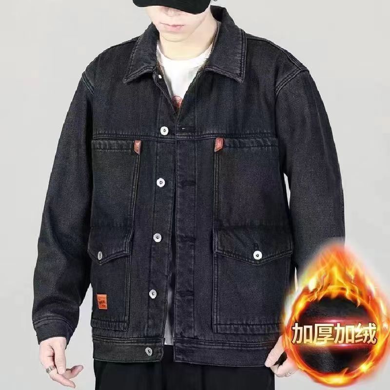 多口袋加绒加厚牛仔外套建筑工人外穿工作服夹克男士保暖耐磨上衣