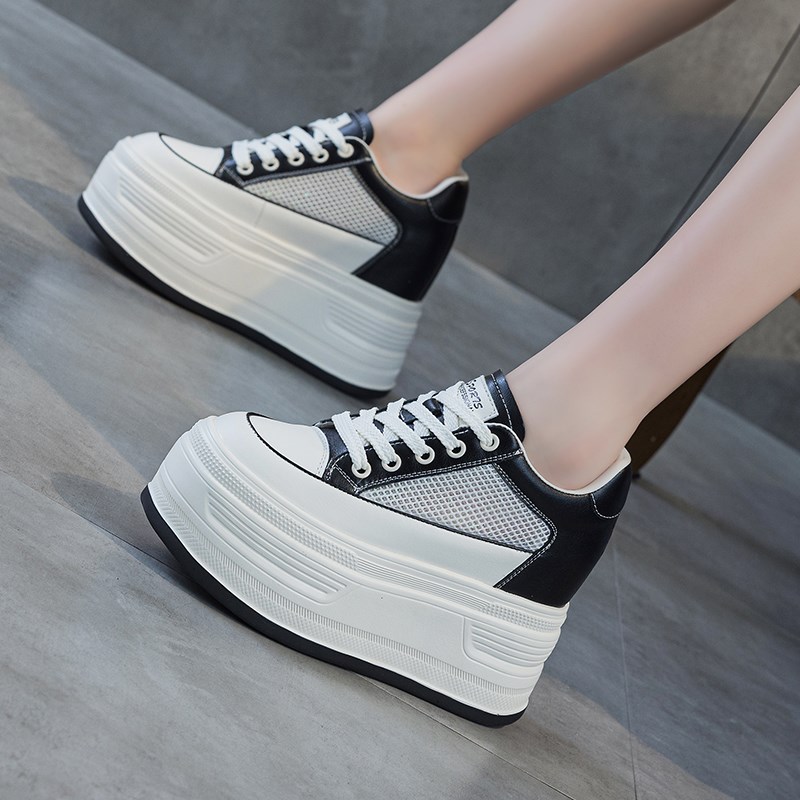 内增高网面女鞋12cm夏季新款显瘦坡跟真皮厚底鞋女韩版百搭超高跟