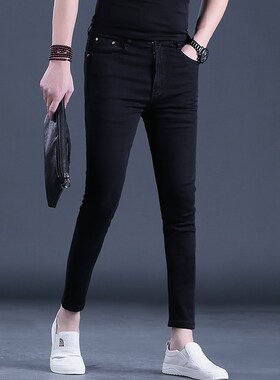 九分裤男士牛仔裤韩版潮流修身小脚纯黑色9分休闲裤24新款男裤子