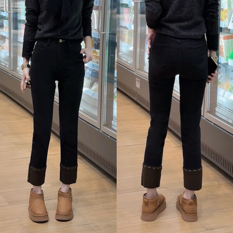 设计感拼接加绒黑色直筒裤显瘦秋冬加绒大码胖妹妹高腰烟管牛仔裤