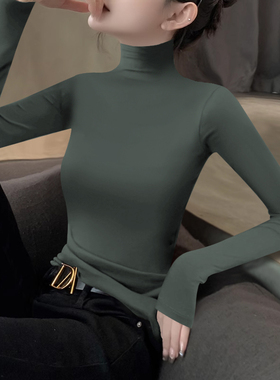2024新款秋冬烟灰色针织螺纹高级感高领打底衫内搭长袖T恤女上衣