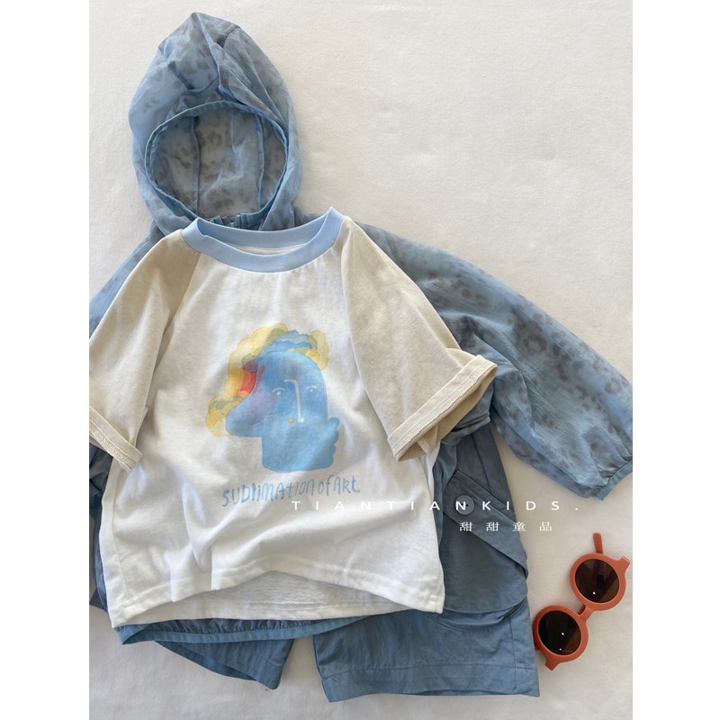 【我是小童】韩版拼色卡通印花短袖T恤男童夏款女宝圆领透气上衣