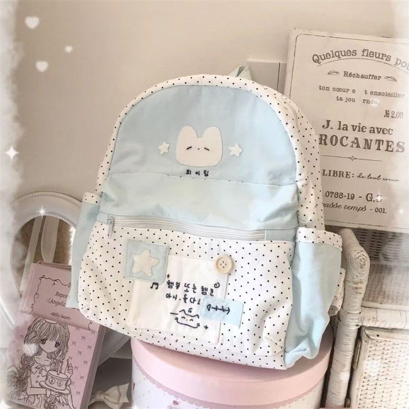 新款少女心双肩包碎花奶蓝黑白波点高颜值背包设计大学生大容量