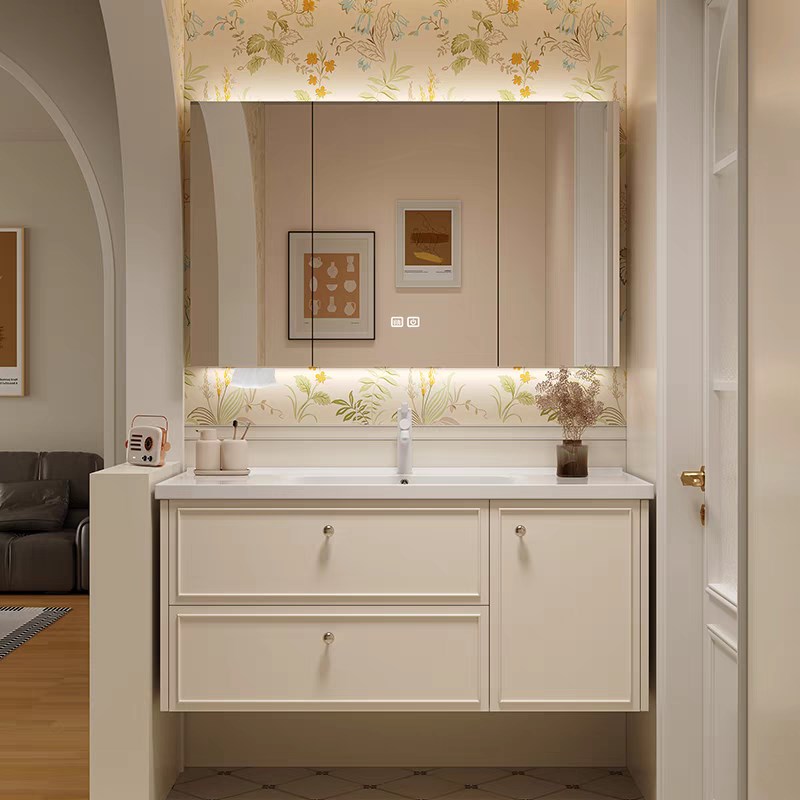 法式复古浴室柜现代奶油风卫生间洗脸洗手台盆柜组合橡木陶瓷一体