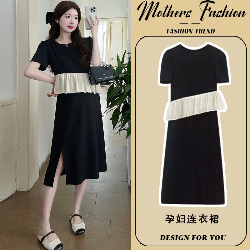 孕妇连衣裙夏季2025新款黑色荷叶边撞色拼接假两件气质开叉中长款