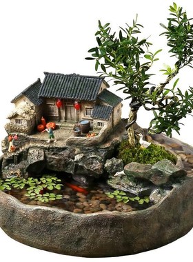 中式创意鱼缸流水摆件循环水客厅办公室装饰品桌面微景观开业礼物