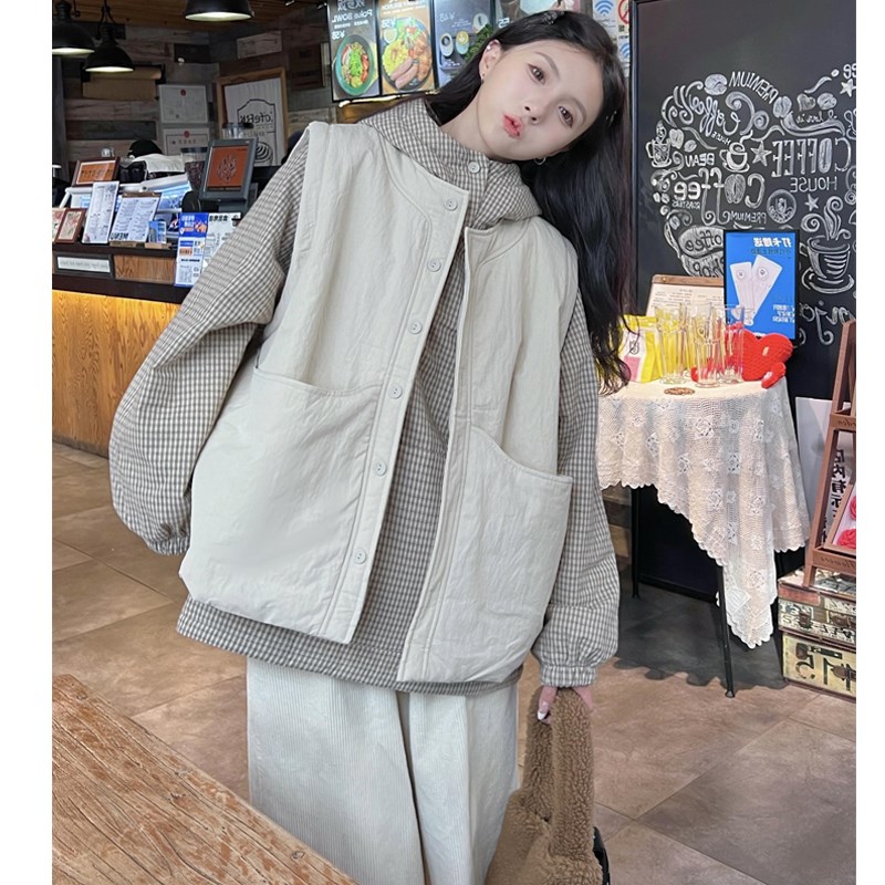 大码女装2025冬季韩版宽松连帽加厚格子卫衣+单排扣棉马甲两件套