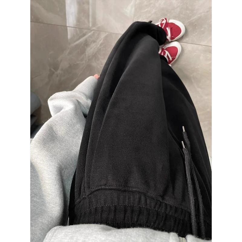 黑色加绒运动休闲裤女秋冬大码胖mm梨形身材宽松显瘦直筒阔腿卫裤
