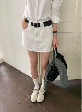 豆仁家 美式复古白色牛仔半身裙新款高腰包臀短裙显瘦百搭a字裙子