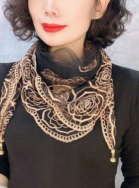 时尚绣花磁扣丝巾女n式方巾高级感护颈洋气百搭2024新款围脖围巾