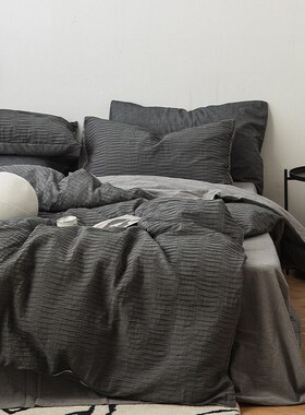 日式简约灰色丨泡泡纱n纯棉四件套全棉2024新款床单被套高级感床
