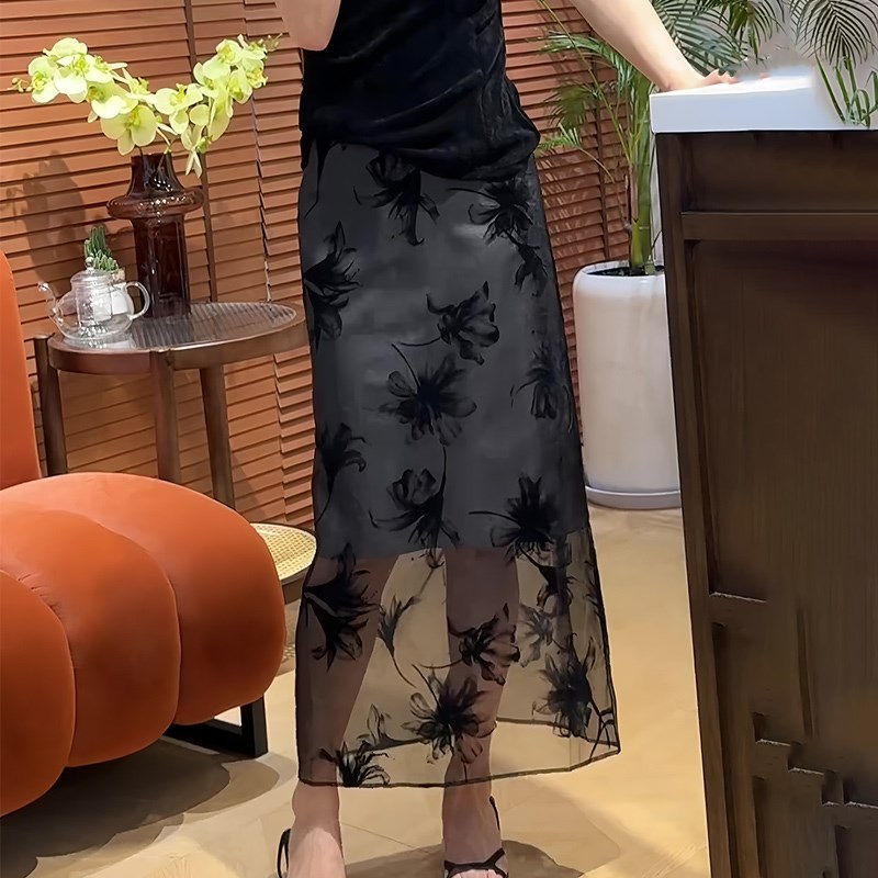 欧货正品黑色网纱印花设计感长裙女2025年夏季新款时尚百搭半身裙