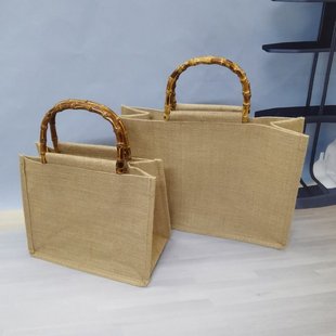 天然黄麻手提袋竹把手黄麻袋子麻布袋子复古礼品袋子定制